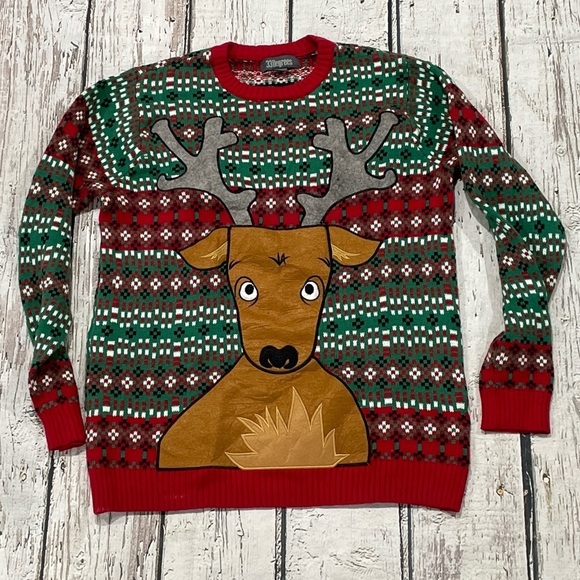 Christmas Reindeer Ugly Xmas Crewneck Pullover Sweater Sweatshirt - Picture 1 of 7